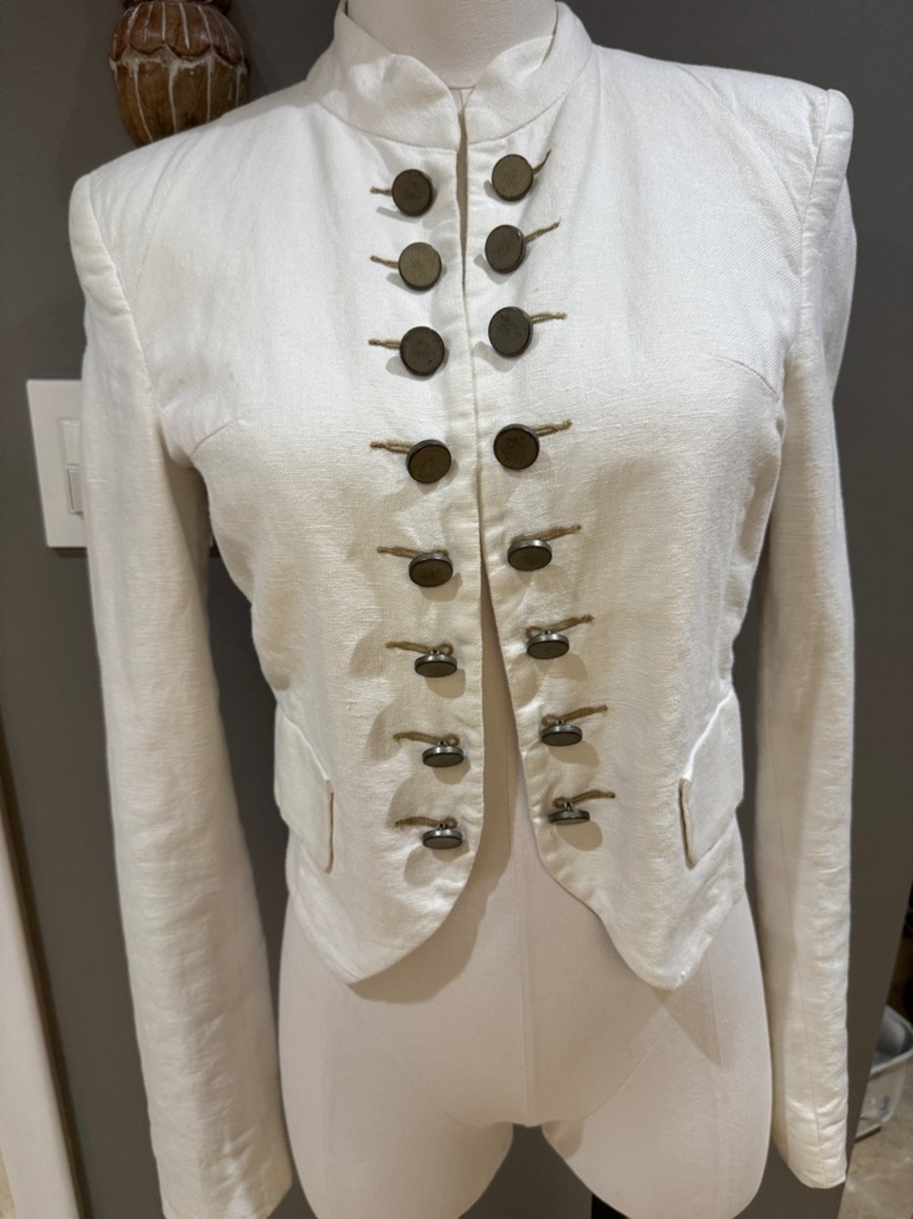 Guess White Linen Military-Style Button Front Blazer